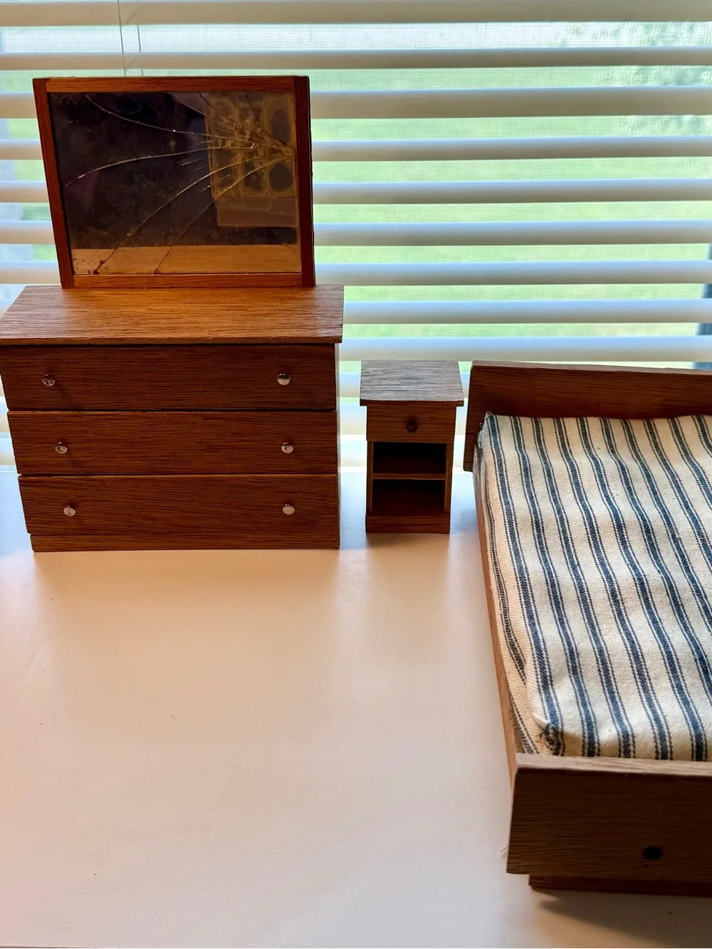 Miniature Brown Wood-Finish Dollhouse Bedroom Set with Striped Mattress